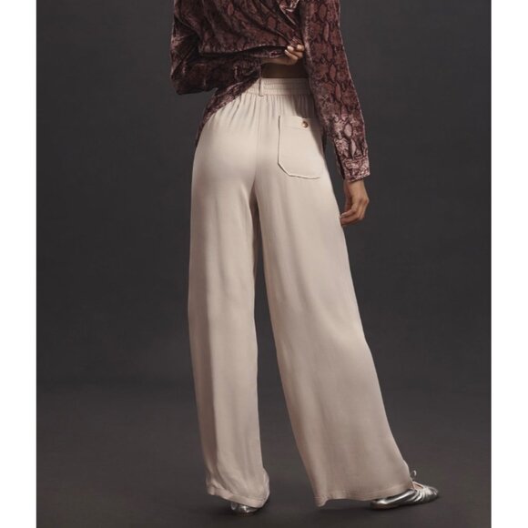 Maeve Anthropologie Beige Straight-Leg Pull-On Silk Pants Size L Elastic Waist - Picture 2 of 6